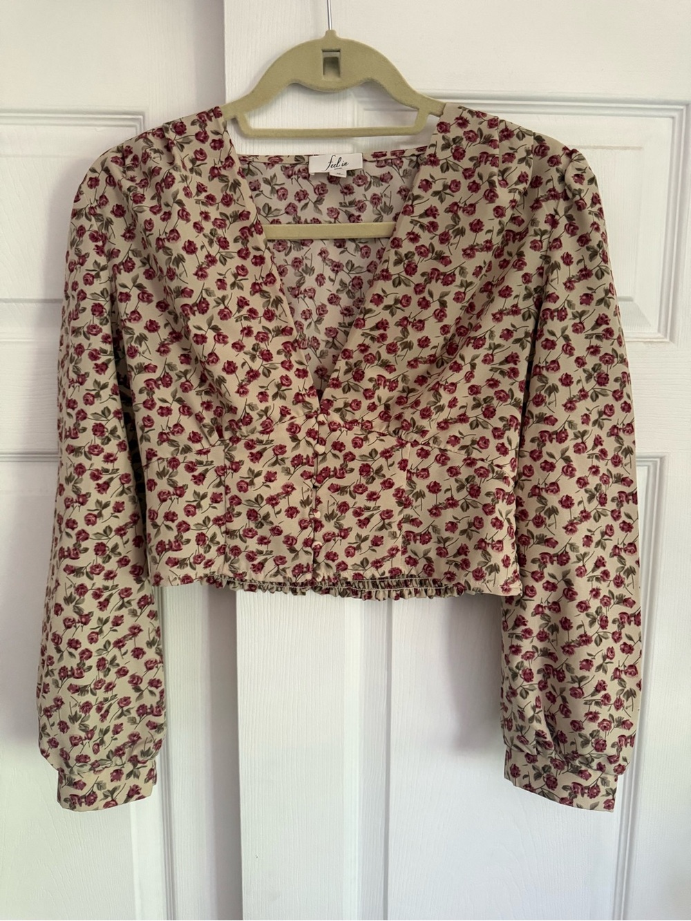 Floral V-Neck Cropped Blouse - Beige with Pink Rose Print